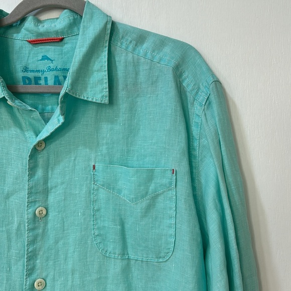 TOMMY BAHAMA MEN RELAX FIT DRESS BUTTON UP SHIRT 100 % LINEN TURQUOISE Sz XL - Picture 7 of 11